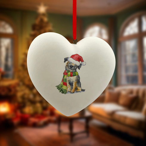 Border Terrier in Santa Hat Christmas Heart Bauble